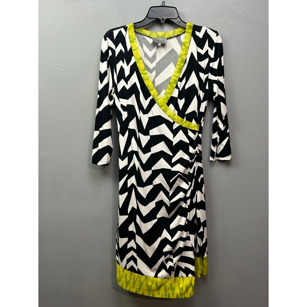 Lynn Ritchie Silver Dress Womens Small Black White Chevron Lime Green Faux Wrap